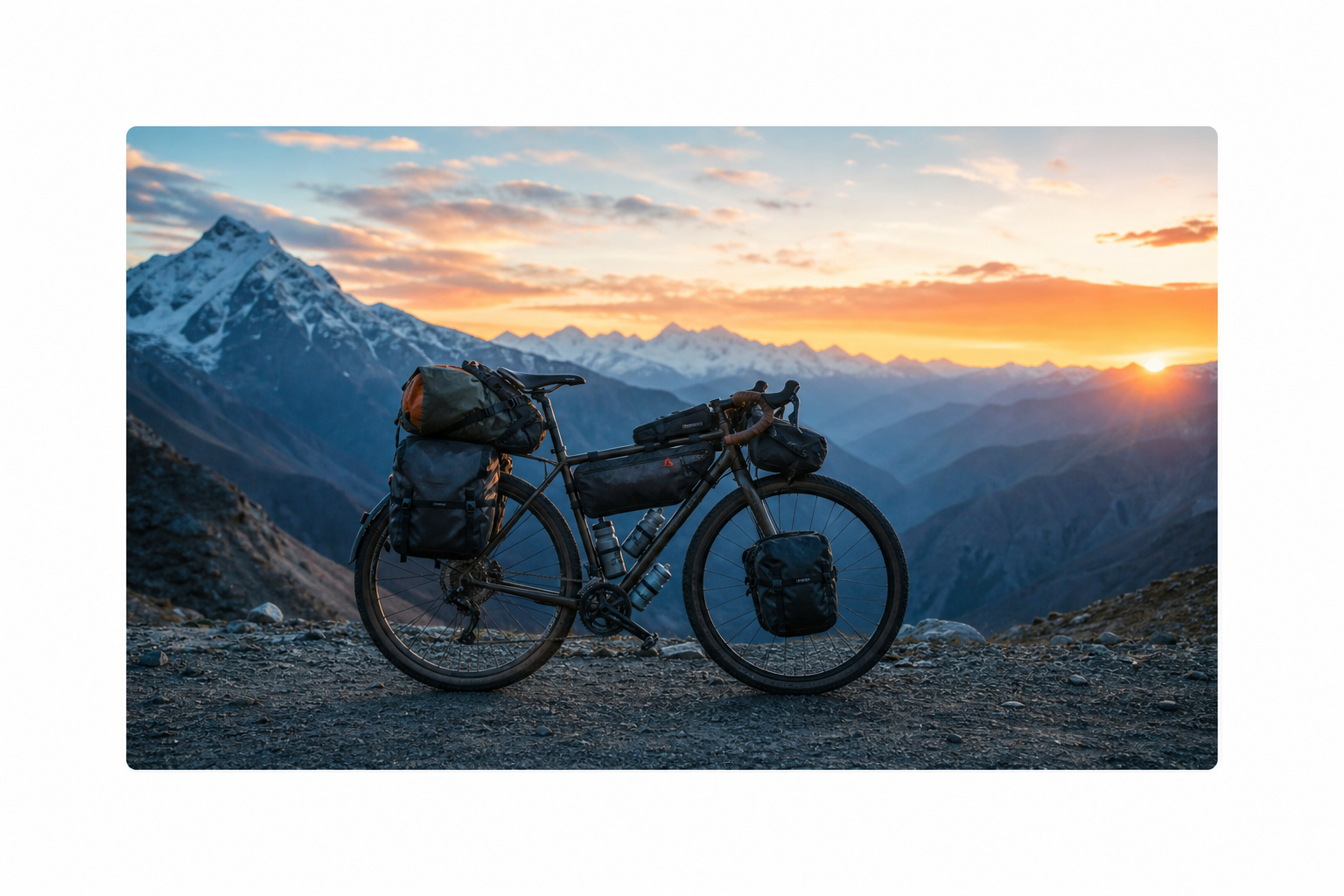 Loaded touring bicycle at dawn on a high mountain pass, coral sunrise on the horizon